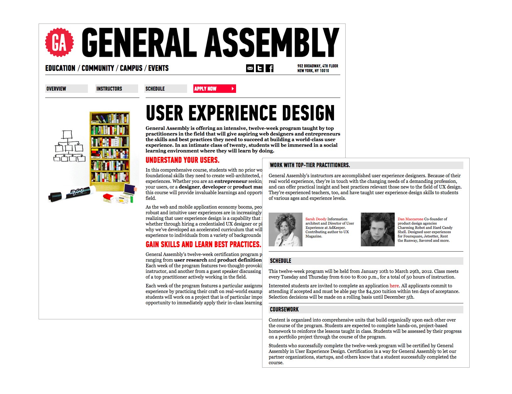 2012 年一月，原本 General Assembly 網站上，第一門 12 週 UX 設計密集課程的頁面。